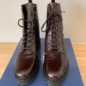 NWB Brown leather combat boots w/ croco texture